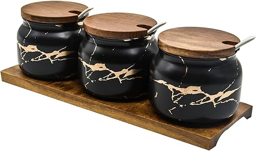 3 juegos de tarros redondos de cerámica de mármol para condimentos, contenedores de azúcar, juego de tarros de condimentos con tapa de madera,