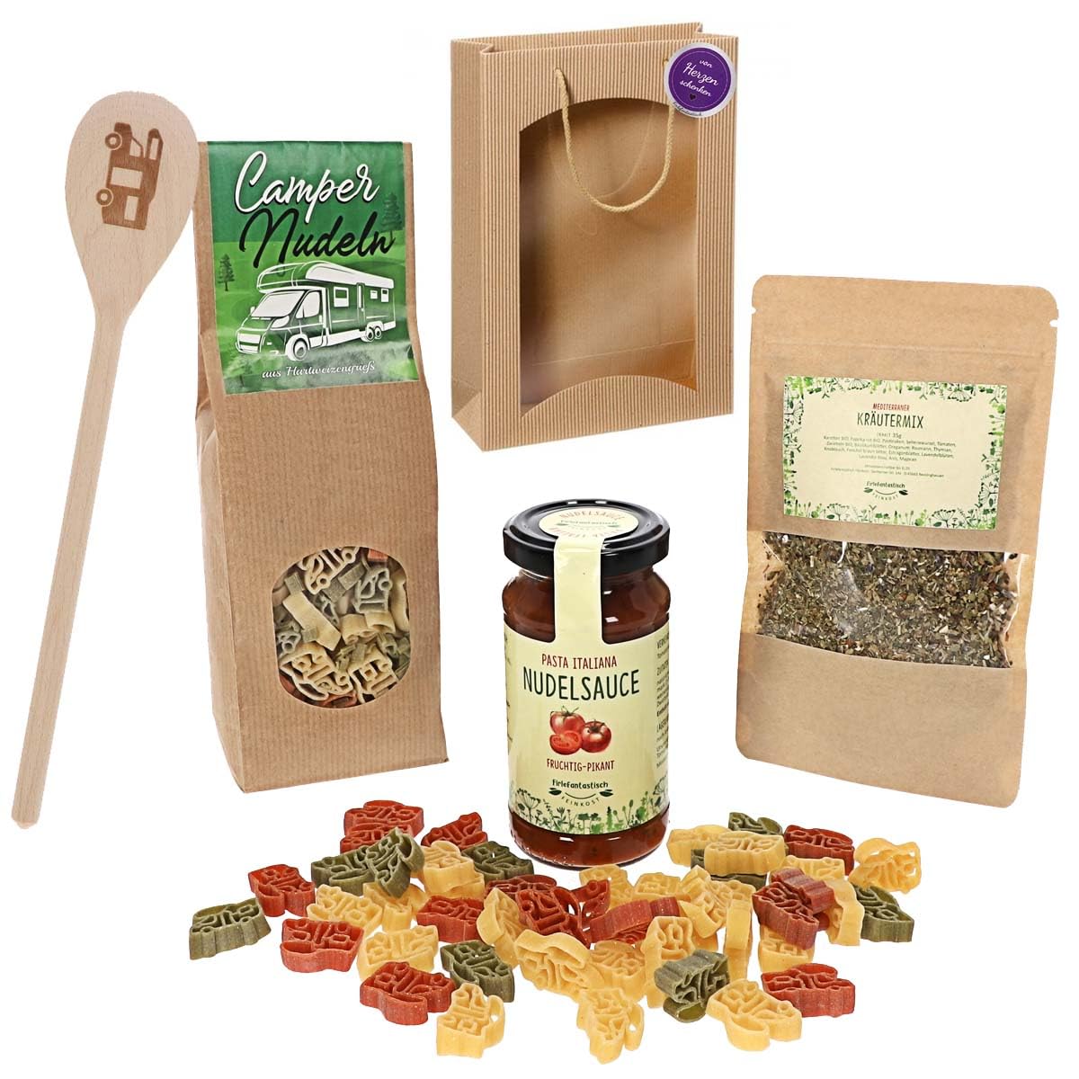 Feinkost Geschenk-Set Wohnmobil – Nudeln in Wohnmobilform 250g, Pasta Sauce 200ml, Mediterrane Gewürze 35g & Kochlöffel mit Gravur – Originelles Camper Geschenk in Tragetasche