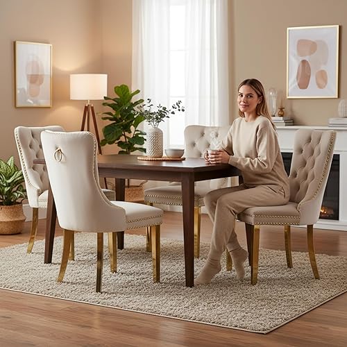 Miniatura 7 de Juego de 2 sillas de comedor modernas de mediados de siglo, con respaldo tapizado de terciopelo beige, sillas de cocina y comedor, patas de metal