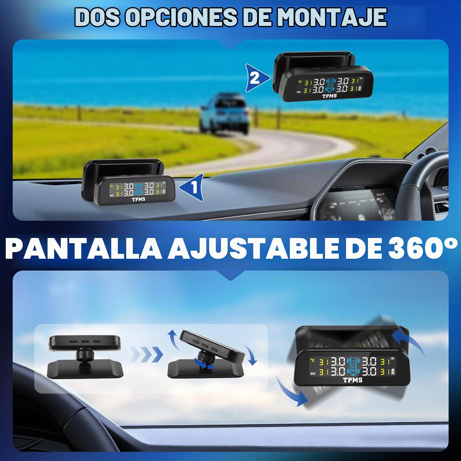 0-3.5Bar Sistema de Monitoreo de Presión de Neumáticos TPMS Solar Inalámbrico y Carga USB, 5 Modos de Alarma 4Sensor Externo de Presión de Neumáticos，para Auto SUV Camionetas