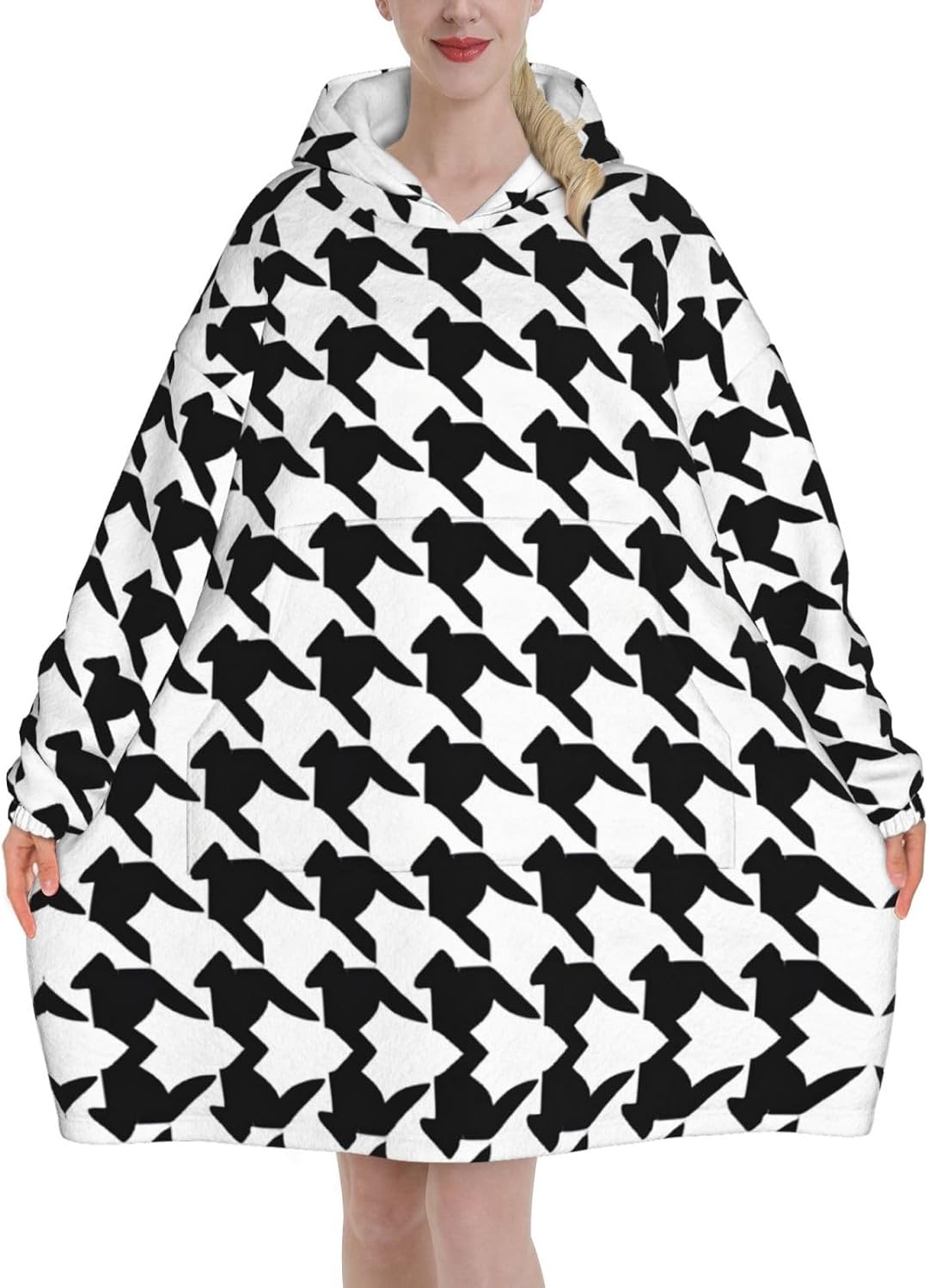 MUSM Houndstooth Black Print Blanket Hoodie Fleece Sweatshirt Blanket With Sleeves And Pockets