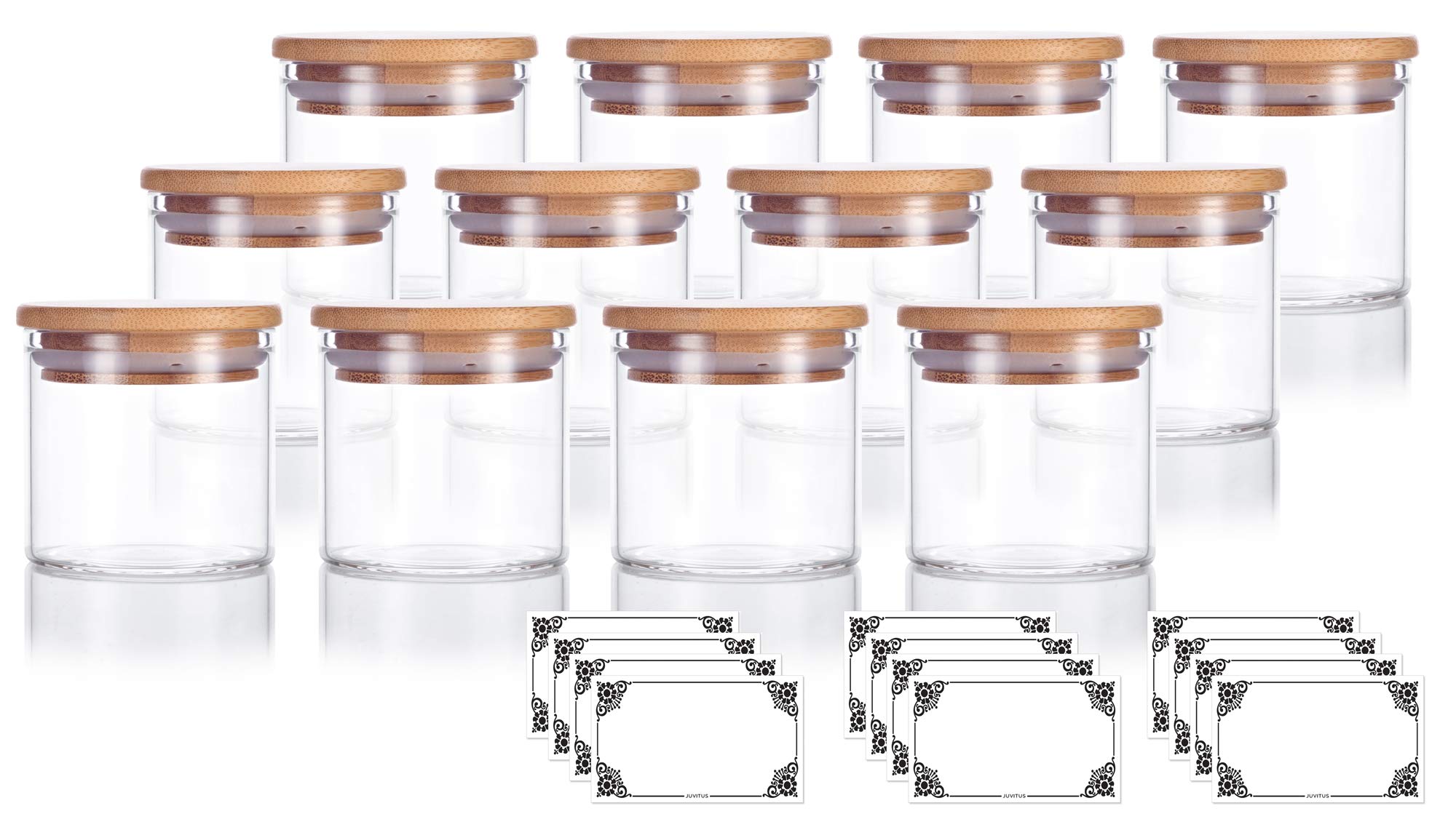 JUVITUS(12 Pack) 4 oz Borosilicate Clear Glass Jars with Wooden Bamboo Silicone Sealed Lid