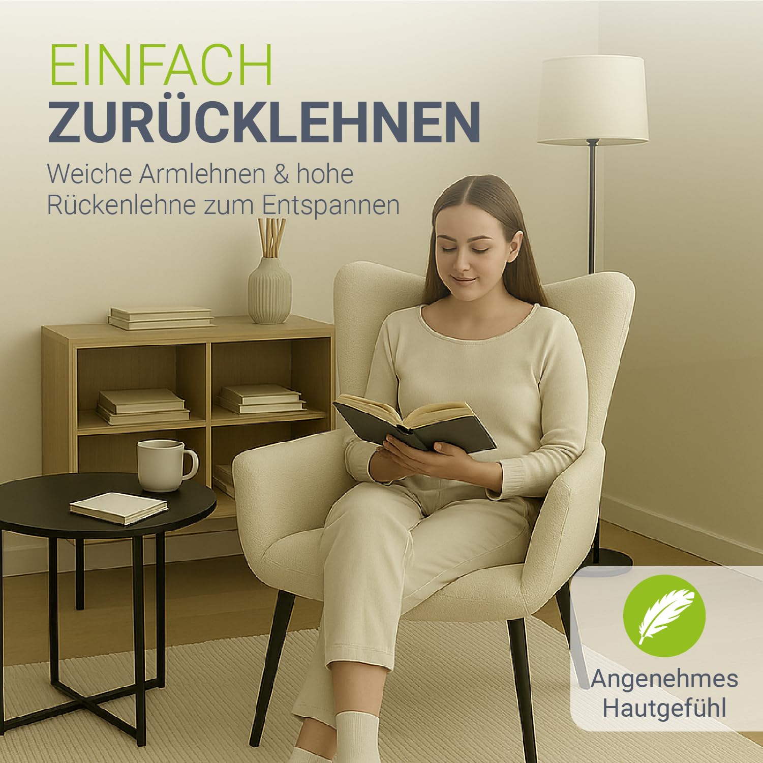 Juskys Ohrensessel Odense ohne Hocker, Relaxsessel mit Bouclé-Stoff, skandinavischer Stil, hoher Rücken & gepolstert, Stahlgestell – Beige