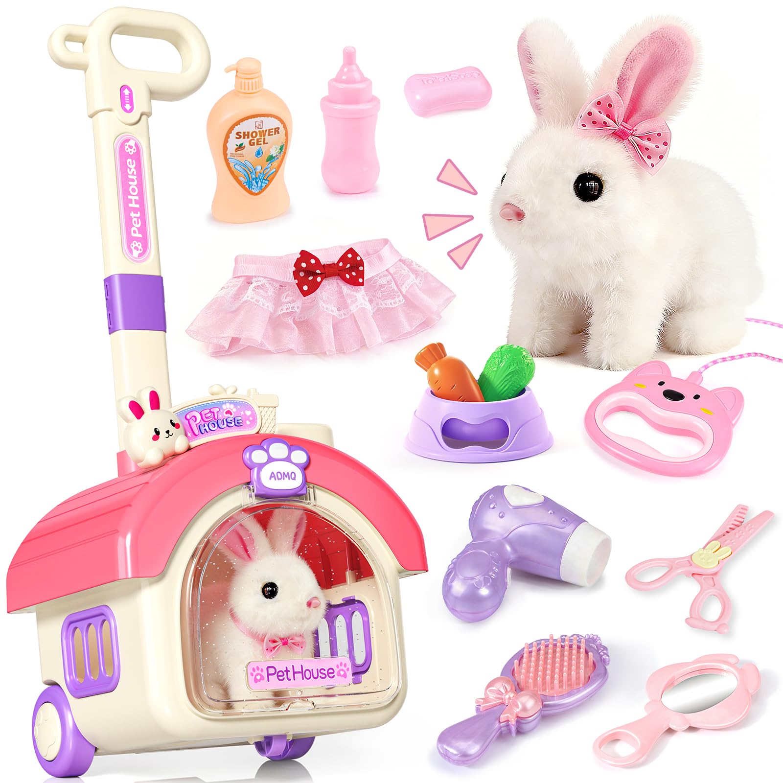 Photo 1 of 23Pcs Hopping Bunny Toy Set for Kids, Interactive Electric Walking Rabbit with Rolling Carrier House, Pretend Play Pet Care Grooming & Feeding Kit, Stuffed Animal Gift for Toddlers 3-5