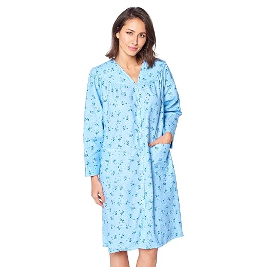 Casual Nights Women's Floral Snap Front Flannel Duster Long Sleeve Lounger Dress - Blue Floral - Large