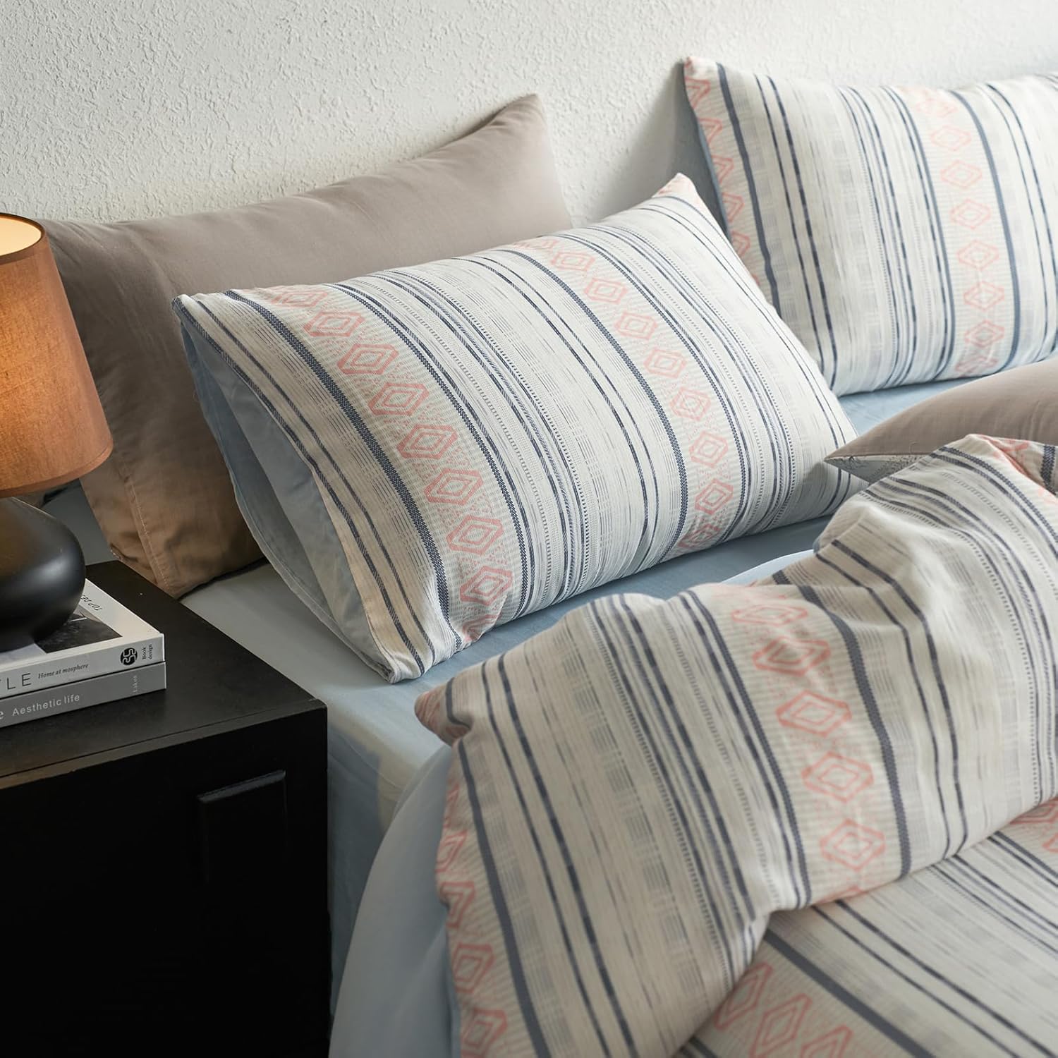 EAVD Boho Blue Geometric Stripes Duvet Cover King Soft Eucalyptus Lyocell Cotton Blend Silky Cooling Comforter Cover Set for Hot Sleeper Modern Geometric Pattern Duvet Cover with Zipper