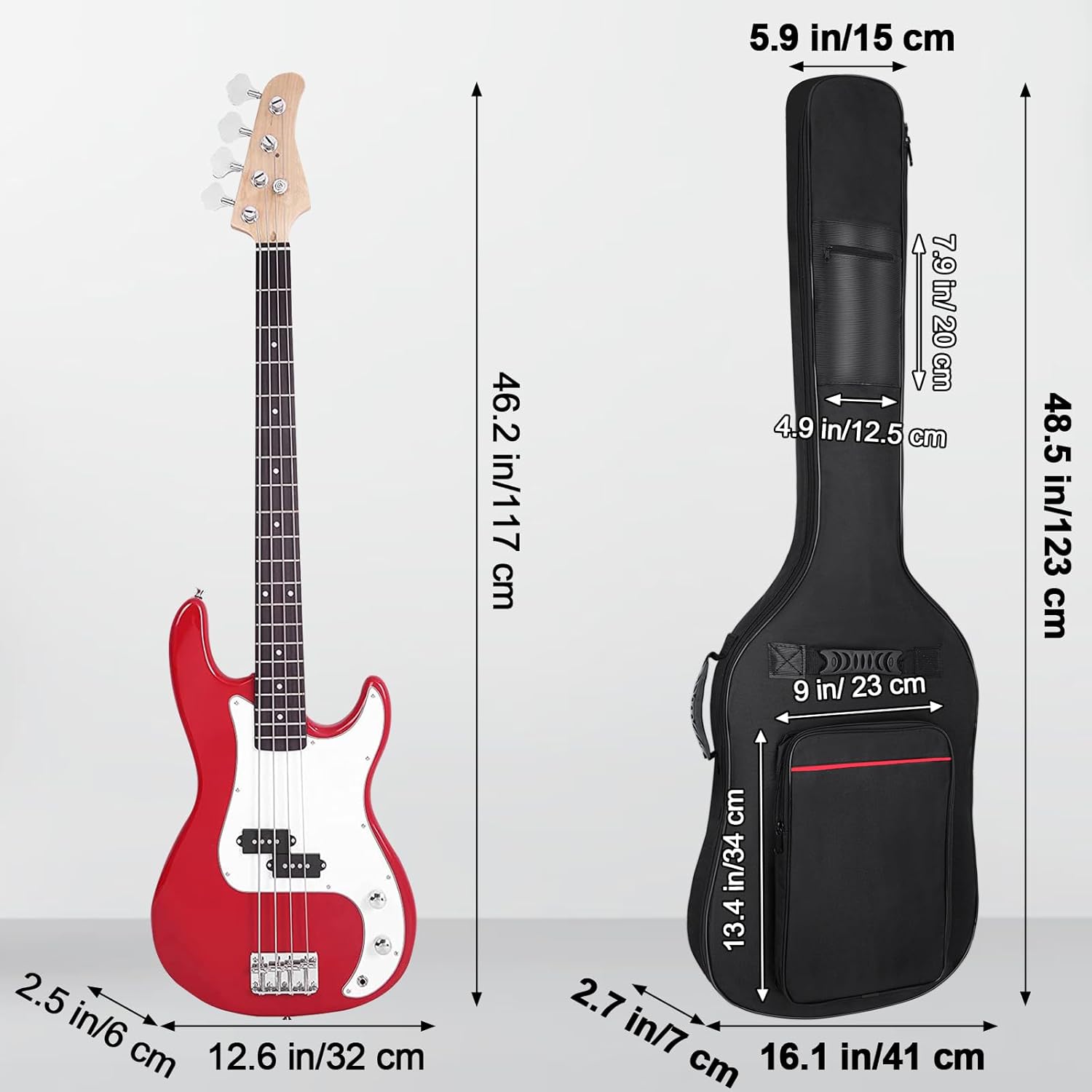 Bass Guitar Case 7mm Padding Bass Guitar Bag Waterproof Electric Bass Bag, Electric Bass Gig Bag Bass Case Backpack with Neck Strap and Pockets, Black&Red Line