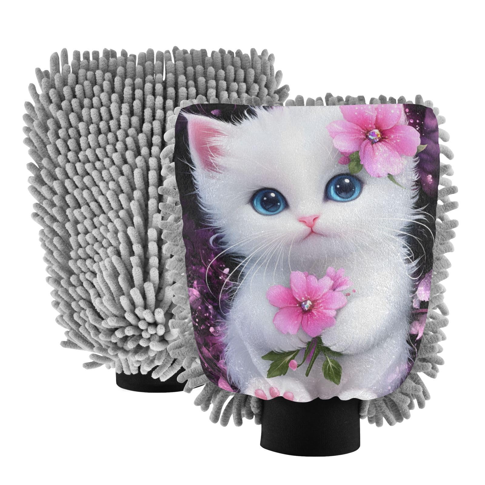 ALAZA Cute Cat Kitten Pink Flower Car Wash Mitt Scratch Free, 2 Pack Absorbent Microfiber/Chenille Washing & Drying Mitts, L
