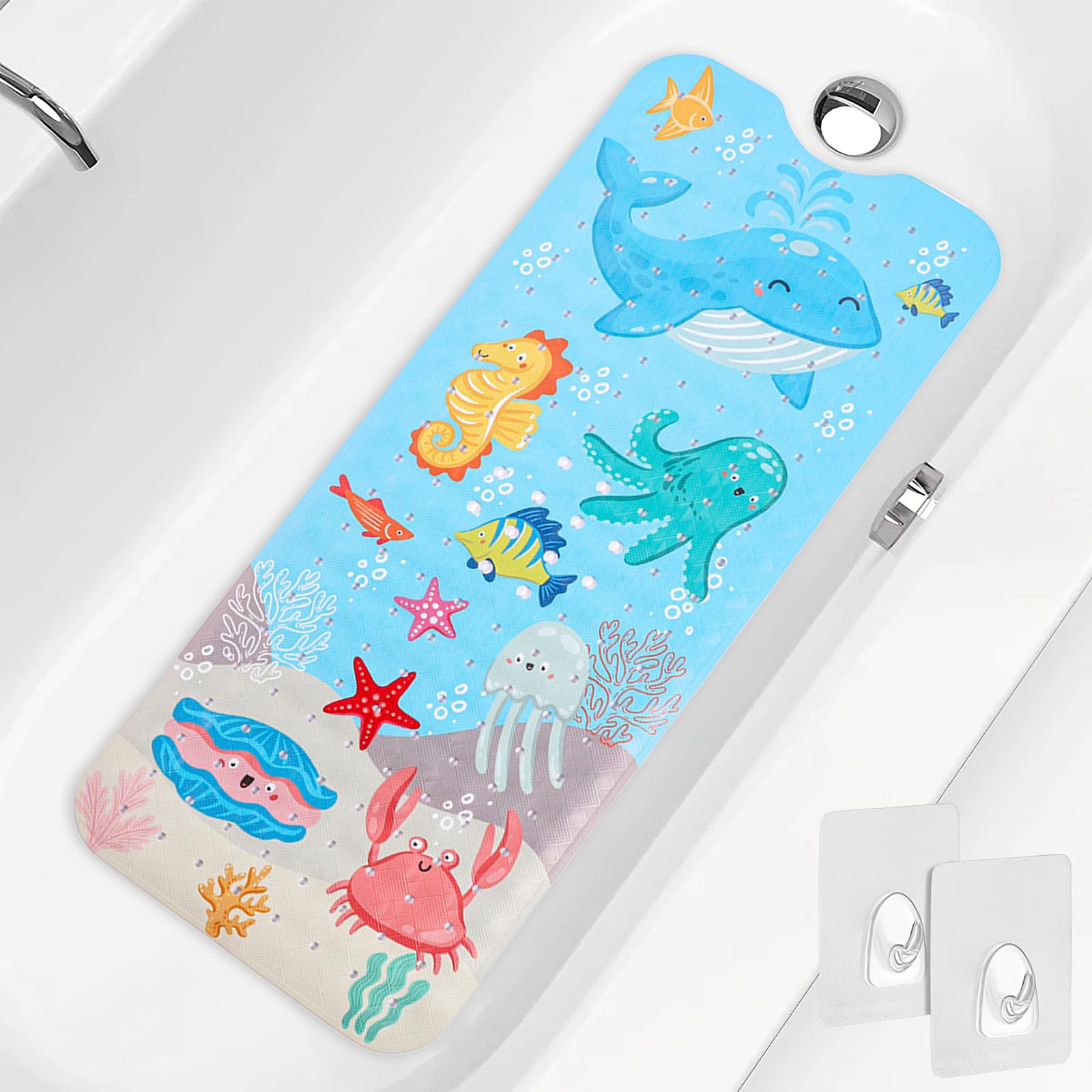 PRATIQUE Kids Bath Mat for Tub Non Slip，40 X 16 Inch Extra Long Kids Bathtub Mat Ocean Bathtub Shower Mat Safety Anti Slip with Suction Cups and Drain Holes, Machine Washable（Blue Whale）