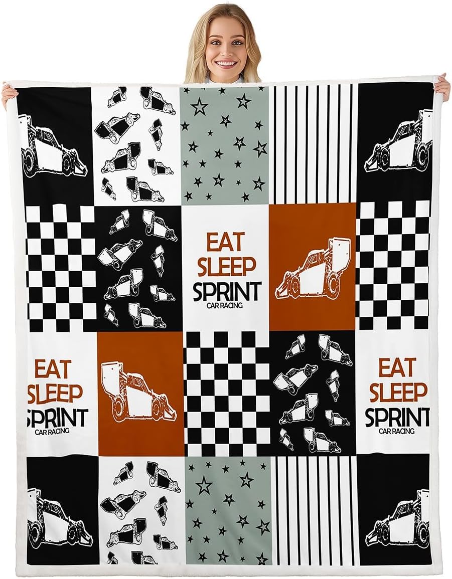 jejeloiu Eat Sleep Sprint Fleece Throw Blanket Queen 90"x90" Race Car Orange White Plush Blanket Set for Bed Sofa Couch Kids Speed Sports Car Sherpa Blanket Extreme Sports Fuzzy Blanket Room Decor