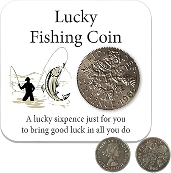 Lucky Fishing Coin and a Card, Lucky Sixpence Fisherman Gift, 1966 Silver Sixpence for Men   Birthday Gifts for Husband Brother Dad and Friend, Valentine's Day Gift