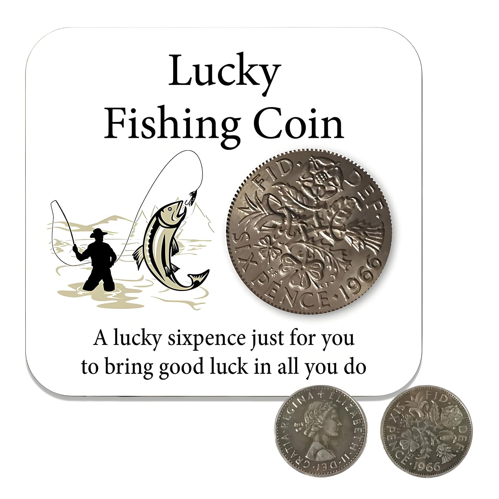 YSUY Lucky Fishing Coin and a Card, Lucky Sixpence Fisherman Gift, 1966 Silver Sixpence for Men – Birthday Gifts for Husband Brother Dad and Friend (1)