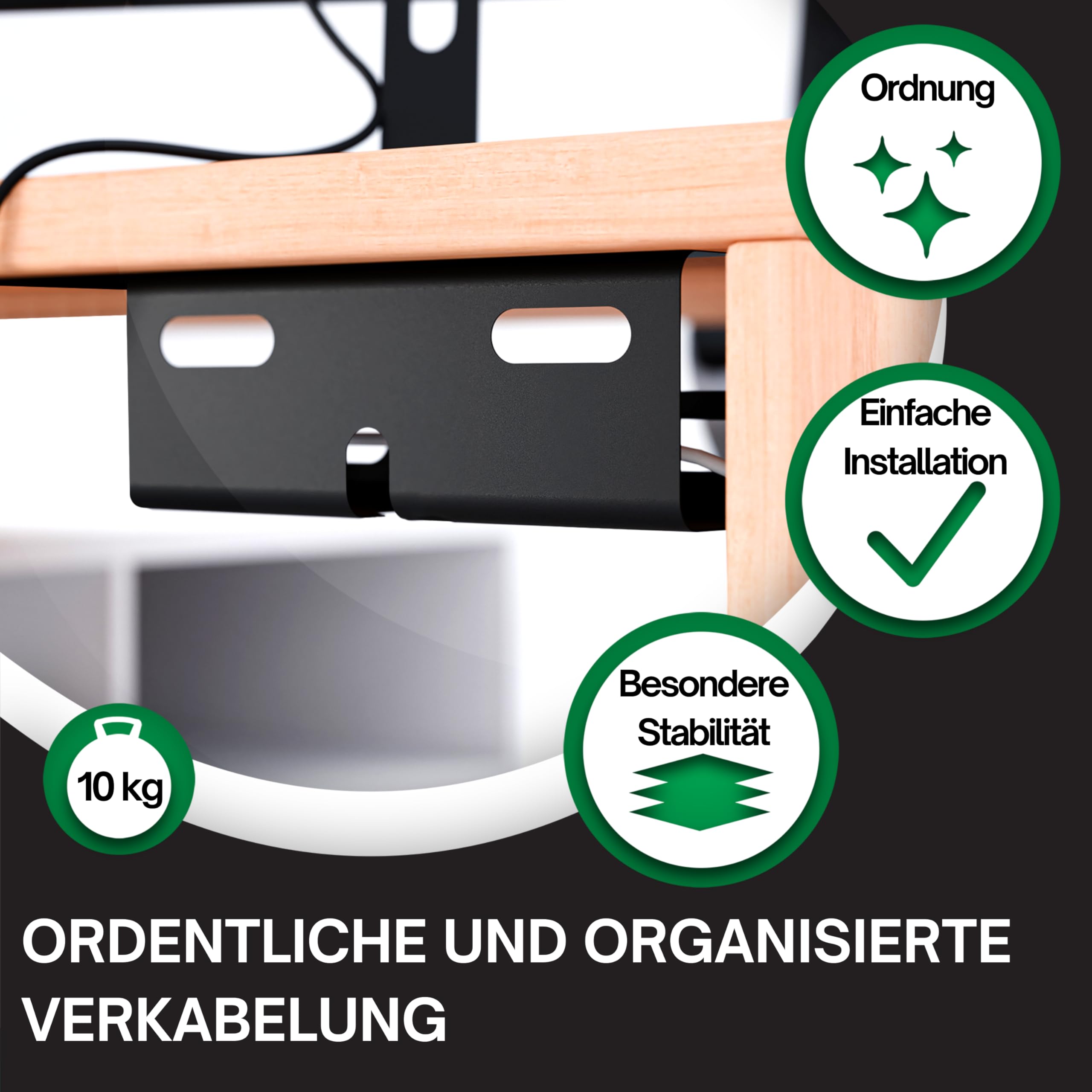 ATM® Pasacables para una gestión ordenada de cables, juego de 2 soportes para cables negros, escritorio de fácil montaje, 25 x 11,2 x 10 cm, pasacables para oficina en casa
