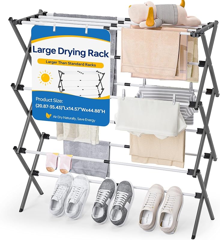 Large Clothes Drying Rack, 14.57" D × 44.88" H | Foldable & Extendable, Adjustable Size (20.87"-35.43"L), Space-Saving, Rust-Resistant Frame, Indoor/Outdoor Use, Grey White