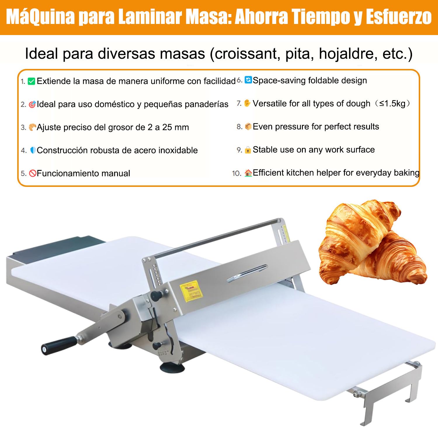 Laminadora de Masa para Hojaldre Manual Plegable | Sobadora de Masa Acero Inoxidable 304 Lavable con Agua | Dough Sheeter Compacta 3kg para Croissants, Pizza y Repostería Large