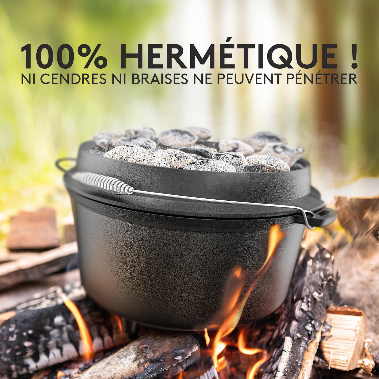 Taste of Fire L'Original Cocotte en Fonte Dutch Oven 7,4L avec Pieds Couvercle 1,8L Double Fonction Poêle à Griller Lève-Couvercle