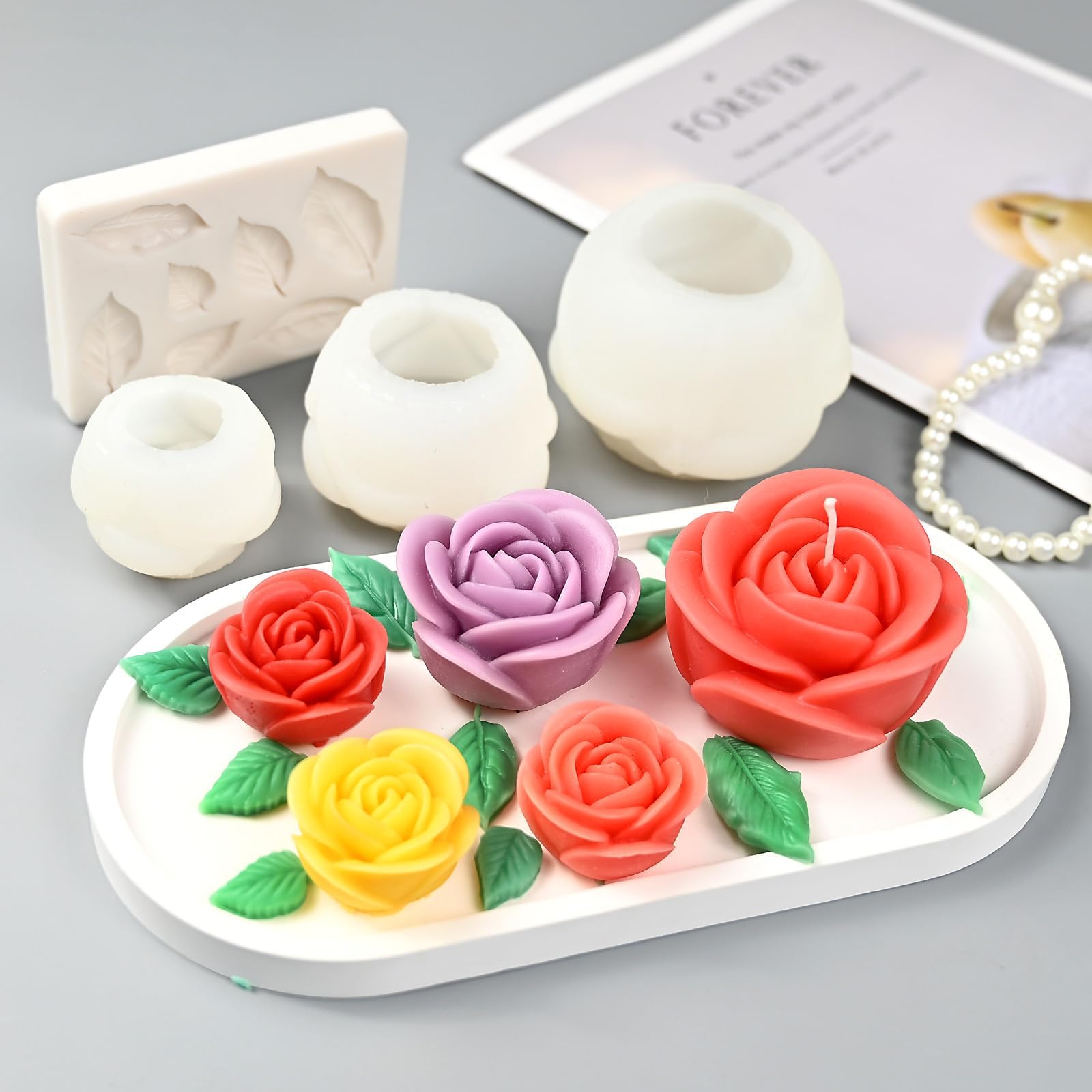 Set Stampi in Silicone per Candele Rosa 3D, 4 Pezzi con in Silicone Fiori Grandi, Medi e Piccoli + Stampo Foglie, Stampi per Candele, Resina, Cera, Stampo Fiori e