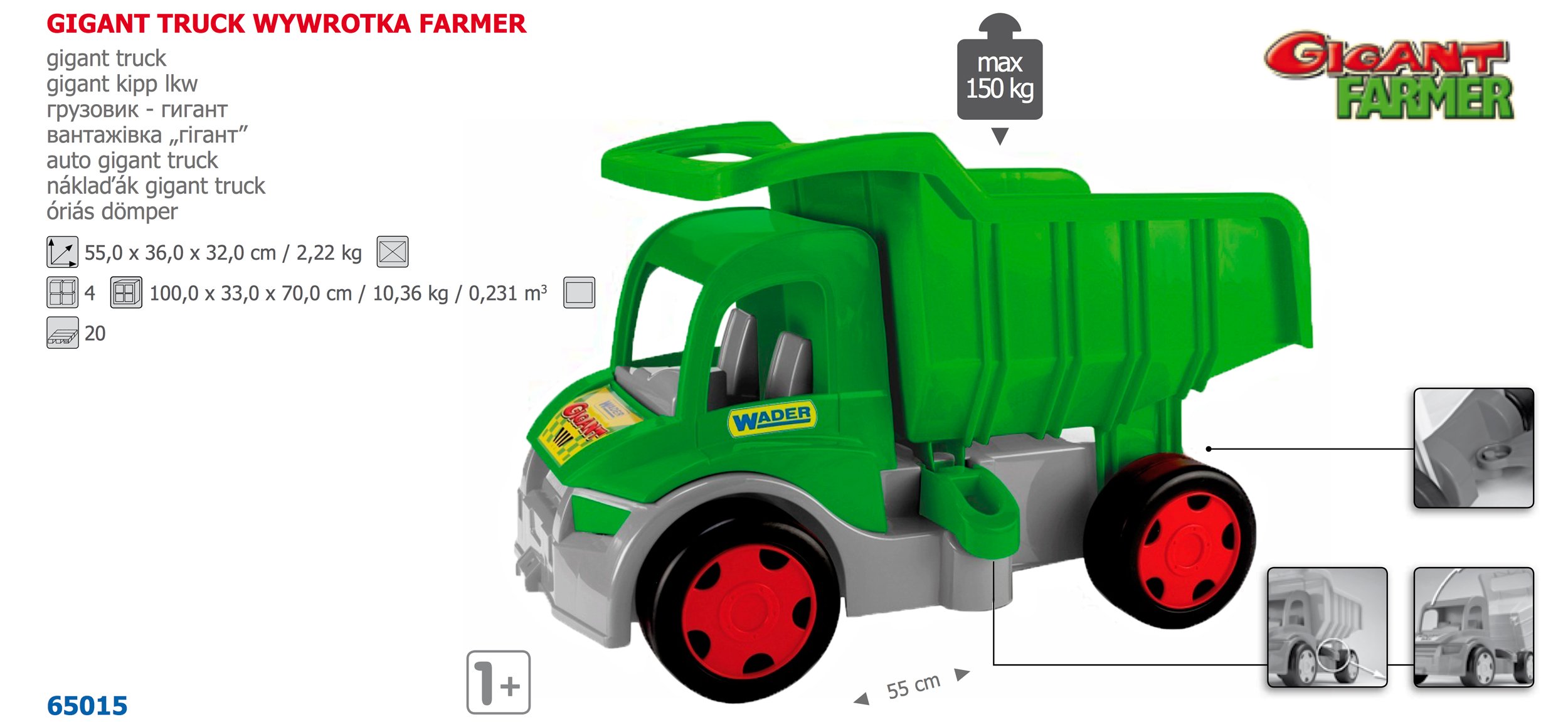 Tracteur Géant XXL Pour Enfant Avec Chargeur Avant Et Remorque – Longueur 60 Cm – Capacité 100 Kg – Vert – Pour Bac à Sable Et Jeu Extérieur
