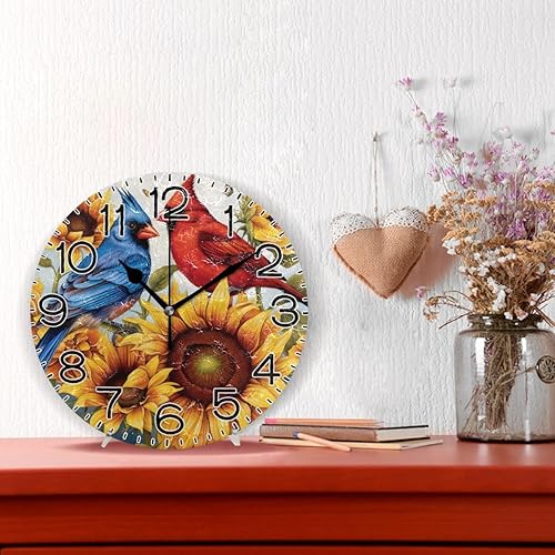 Miniatura 2 de Reloj de pared con diseño de pájaros cardenales rojos y azules sobre girasoles amarillos, mariposas -v 5.2, funciona con pilas, sin tictac, cuarzo