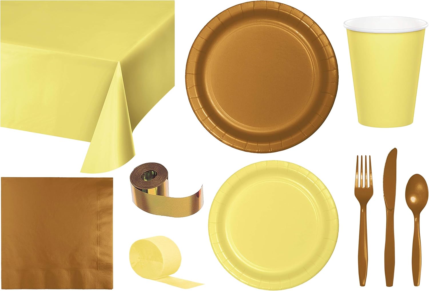 Baxters Party Bundle Bulk, Tableware for 24 People Mimosa Yellow and Gold, 2 Size Plates Napkins, Paper Cups Tablecovers and Cutlery, Box of 199