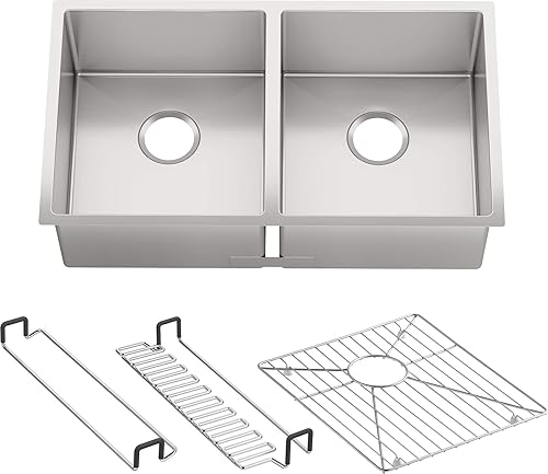 KOHLER K-5281-NA Strive - Fregadero de cocina doble igual de montaje inferior, 32 x 18-14 x 9-516 pulgadas, acero inoxidable, paquete de 1