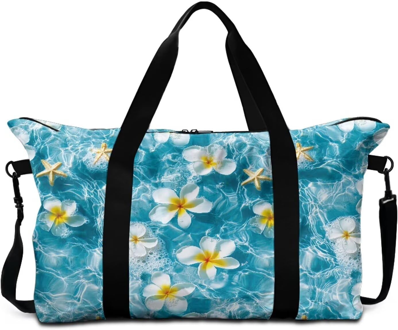 Plumeria Duffle Bags for Traveling Starfish Ocean Lightweight Foldable Weekender Carry On for Women Tropical Flower Large Sports Tote Gym Bag