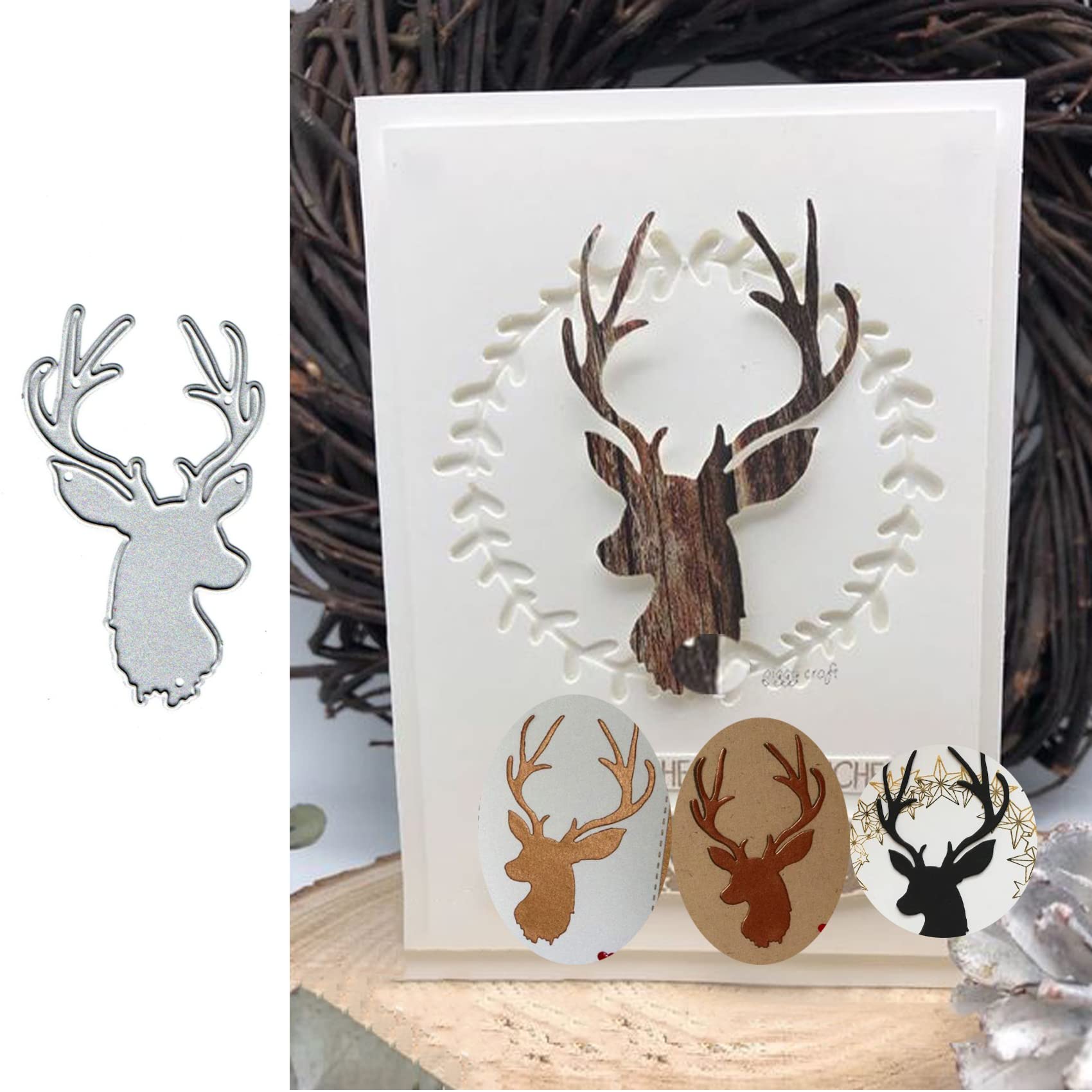DDeehs Merry Christmas Deer Metal Die Cuts,Christmas Elk Head Card Cutting Dies Cut Stencils DIY Scrapbooking Album Decorative Embossing Paper Dies Festival Card Making, Sliver, 7.8×4.8cm/3.07'x1.88'
