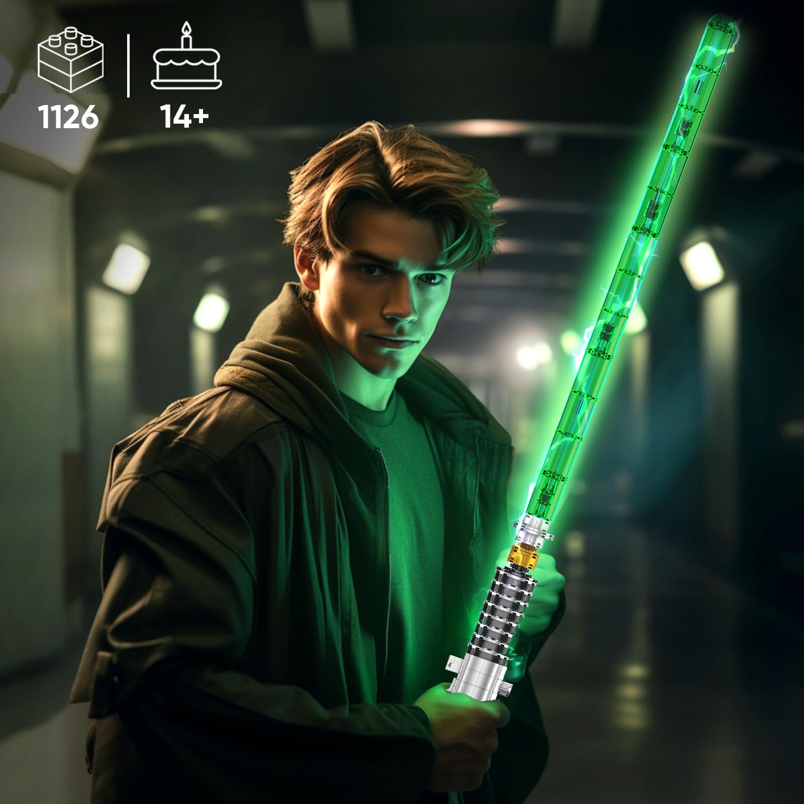Mould King 10140 Technik lekki miecz z klocków zaciskowych, zestaw do montażu, model miecza z zielonym oświetleniem i uchwytem, kreatywne odgrywanie ról, model miecza anime zestaw klocków (1126+ szt.)
