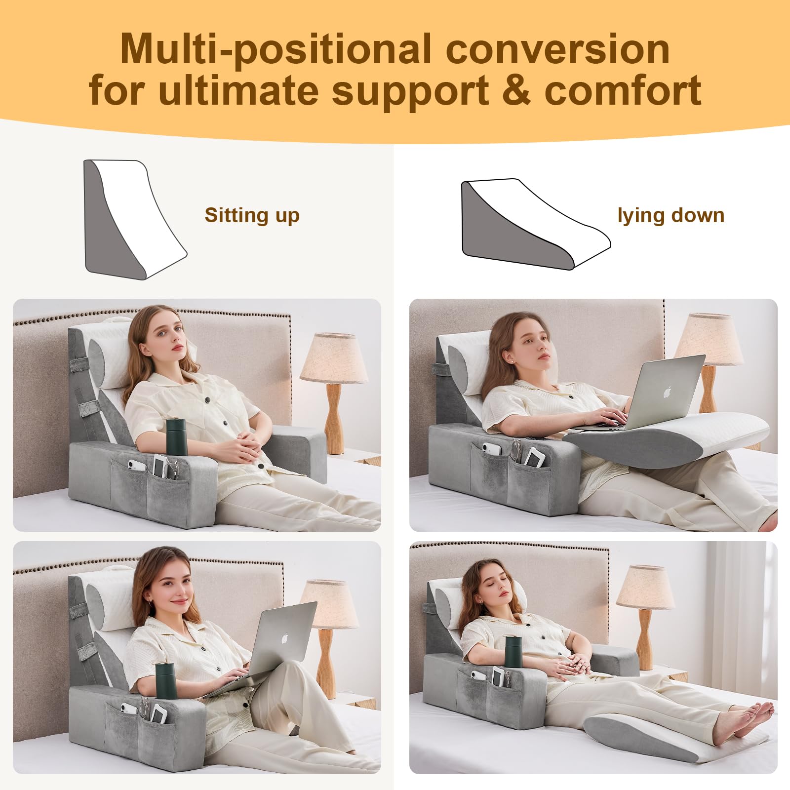 Lesekissen für Bett und Sofa,Bücherkissen mit Abnehmbarer Nackenrolle & Armlehne,Rückenkissen Bett, Wandkissen Multifunktions-Keilkissen zum Lesen, Arbeiten