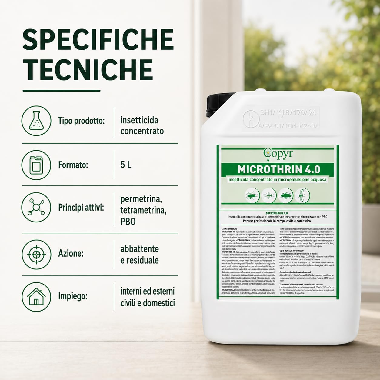 Microthrin 4.0 5 L Copyr – Insetticida Concentrato per Uso Civile e Domestico contro Zanzare, Mosche, Blatte e Formiche. Per interni ed esterni, idoneo per tutti i tipi di impianti e irroratori.