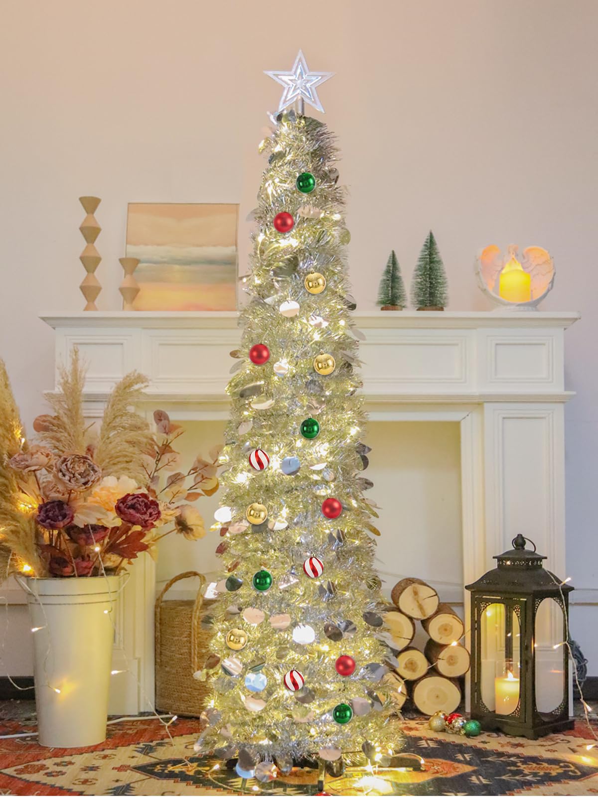 SINTENILL 5 FT Pop Up Christmas Tree with Timer Lights and Decorations, Silver Artificial Xmas Tinsel Tree with 24 Ball Ornaments, Collapsible Pencil Tree for Home, Office, Holiday Party Decor