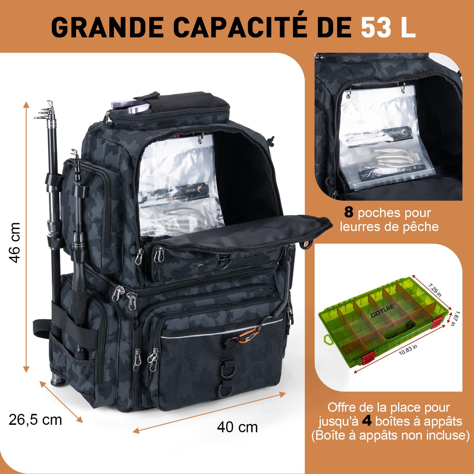 Goture 45 L Bolsa de pesca Espalda Flexible y resistente al agua, viene con dos soportes para cañas y una funda de lluvia con cuatro cajas de cebo y 8 bolsillos para cebo regalos de pesca para hombres
