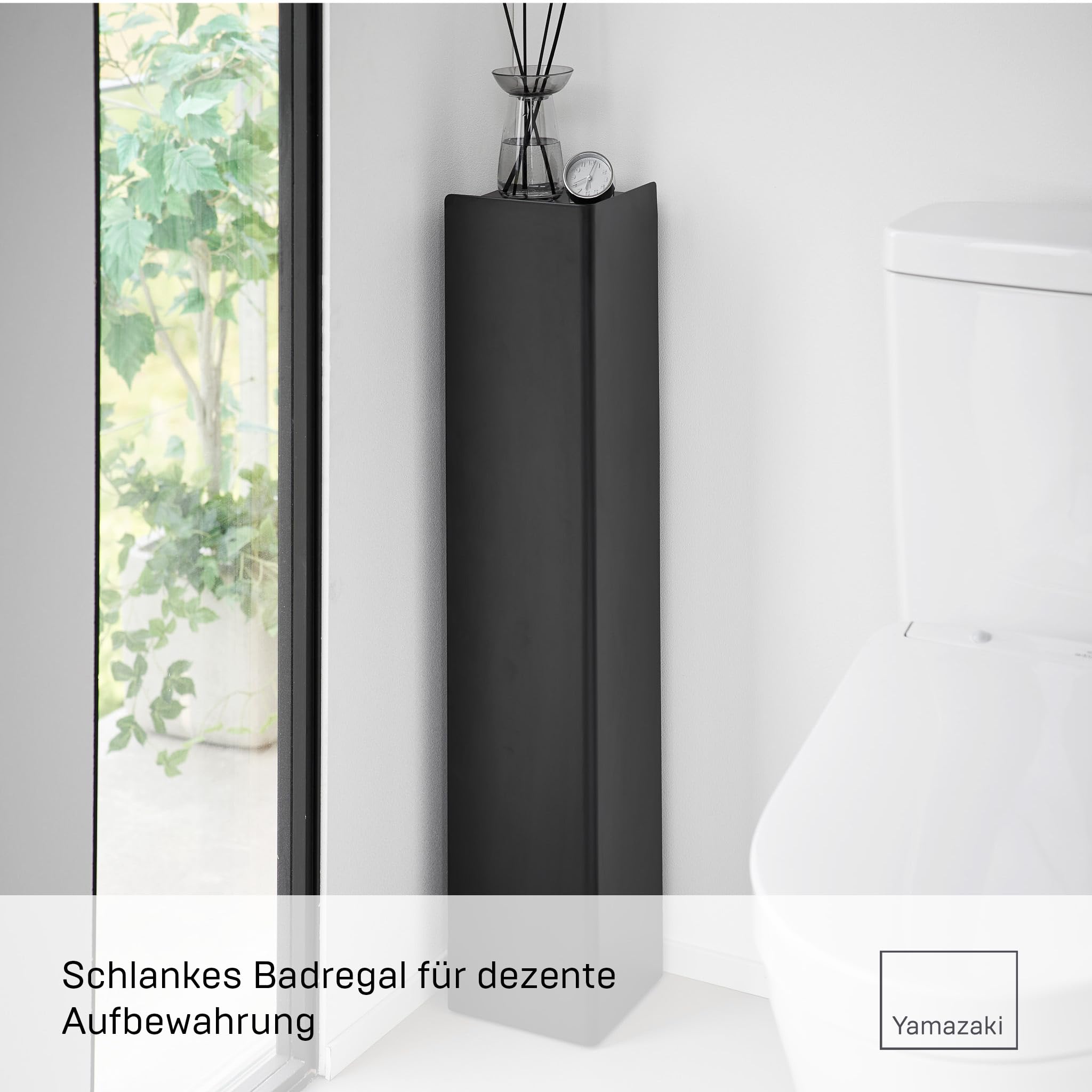 Yamazaki 1490 Tower Toilettenpapierhalter mit Rollen, schwarz, Stahl/Magnet, minimalistisch, 16 x 16 x 80,5 cm