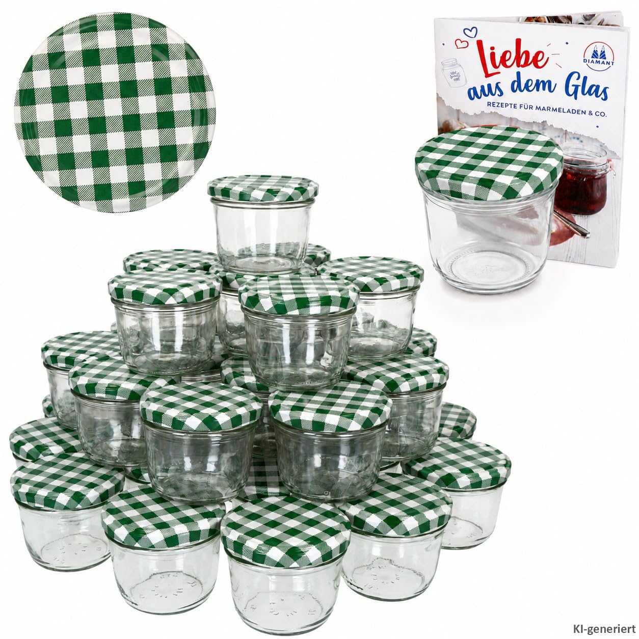 MamboCat 100er Set Sturzglas 230 ml Marmeladenglas Einmachglas Einweckglas To 82 grün karierter Deckel incl. Diamant-Zucker Gelierzauber Rezeptheft