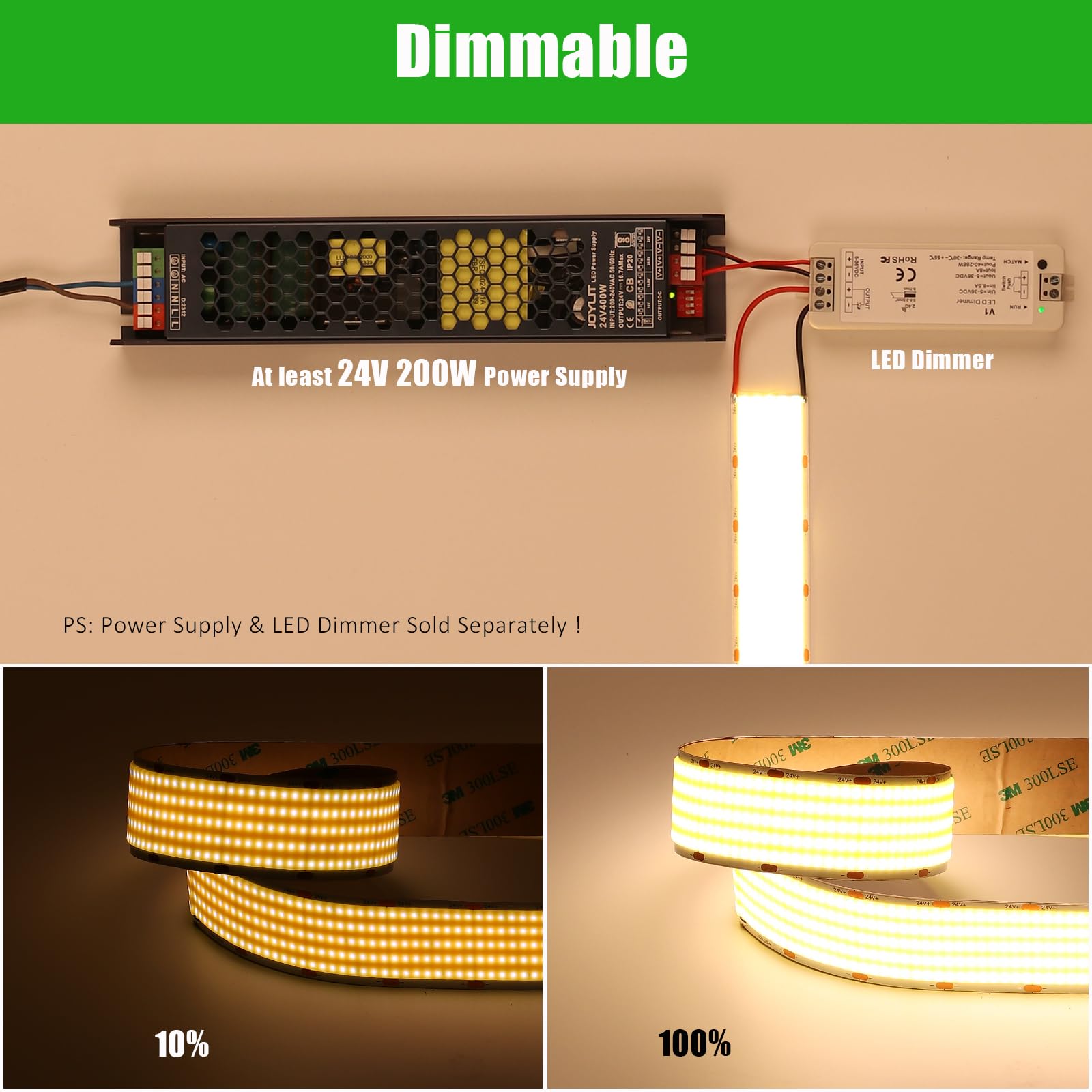 JOYLIT 30MM Breit COB LED Streifen 24V 5M 3000K Warmweiss, 5 Reihen 1600LEDs/M Hohe Dichte 40W/M 22000LM Ultrahell LED Band CRI 90+, Selbstklebend LED Strip Für Industrie, Gewerbe (Keine Netzteil)
