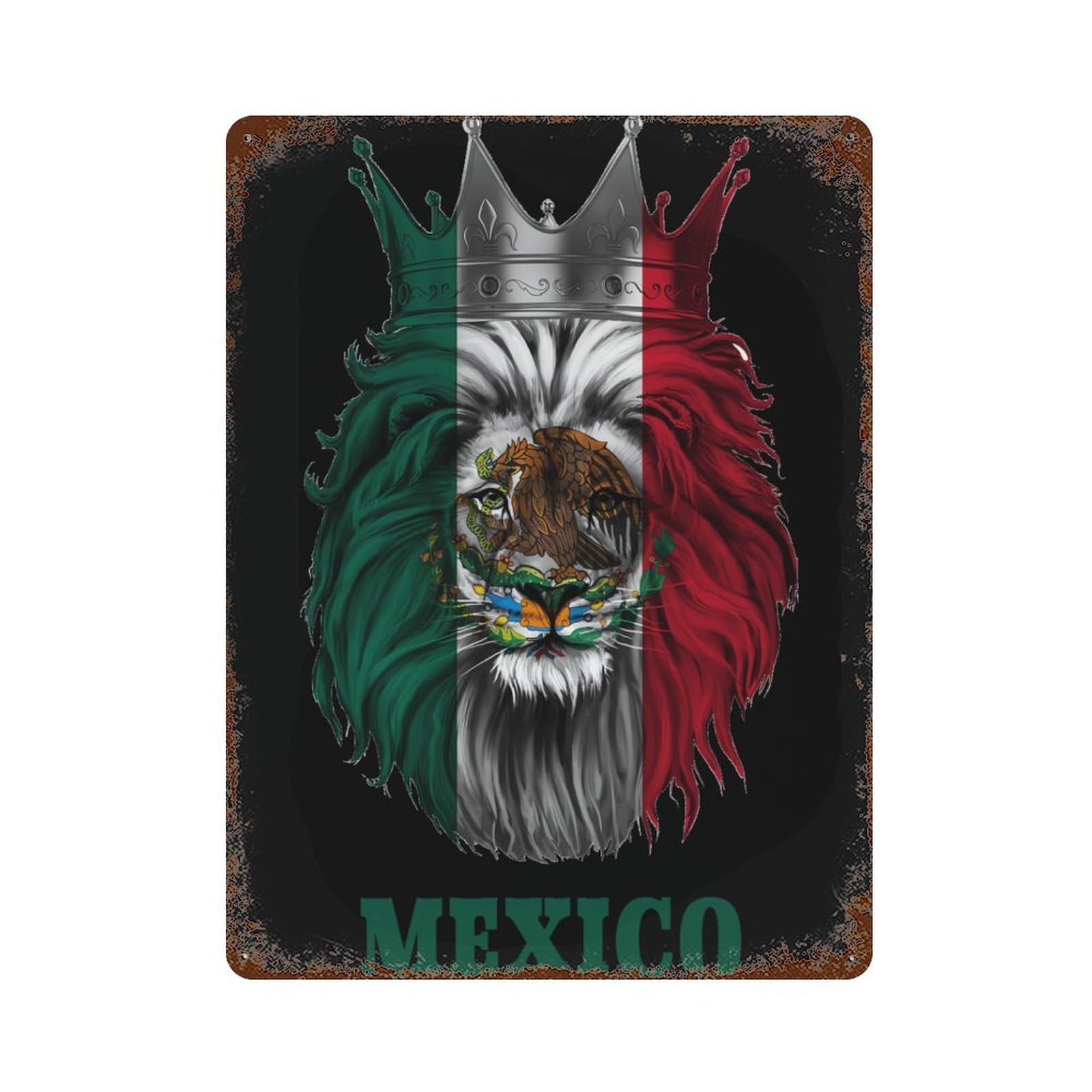 KWQDOZF Lion Mexico Mexican Flag Theme Metal Tin Sign,Vintage Iron Hanging Plate Vertical with Rust Poster Wall Decor 12x16inch