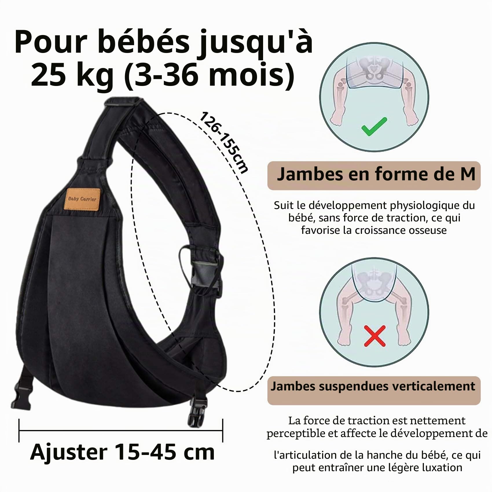 Écharpe de Portage Bébé Porte-bébé Latéral Ergonomique Certifié ASTM 0-36 Mois Noir