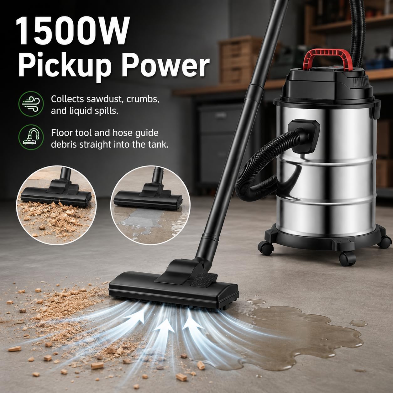 Aspiradora en húmedo y en seco, 18 L, 1500W, Cable de 4 m