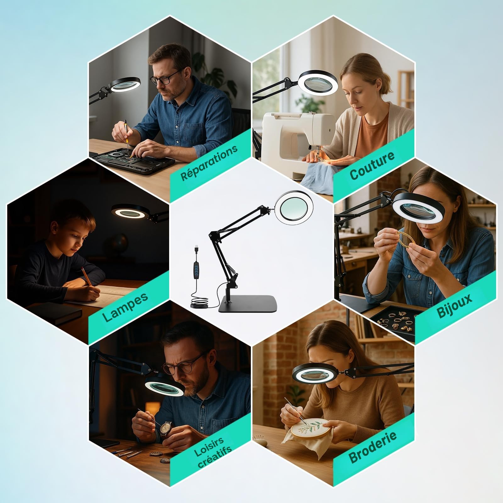 Loupe 15X avec lumière et support – Bras réglable, 3 modes de couleur, LED à intensité variable, pince mains libres pour la lecture, l'artisanat, la couture et les loisirs (base 1)