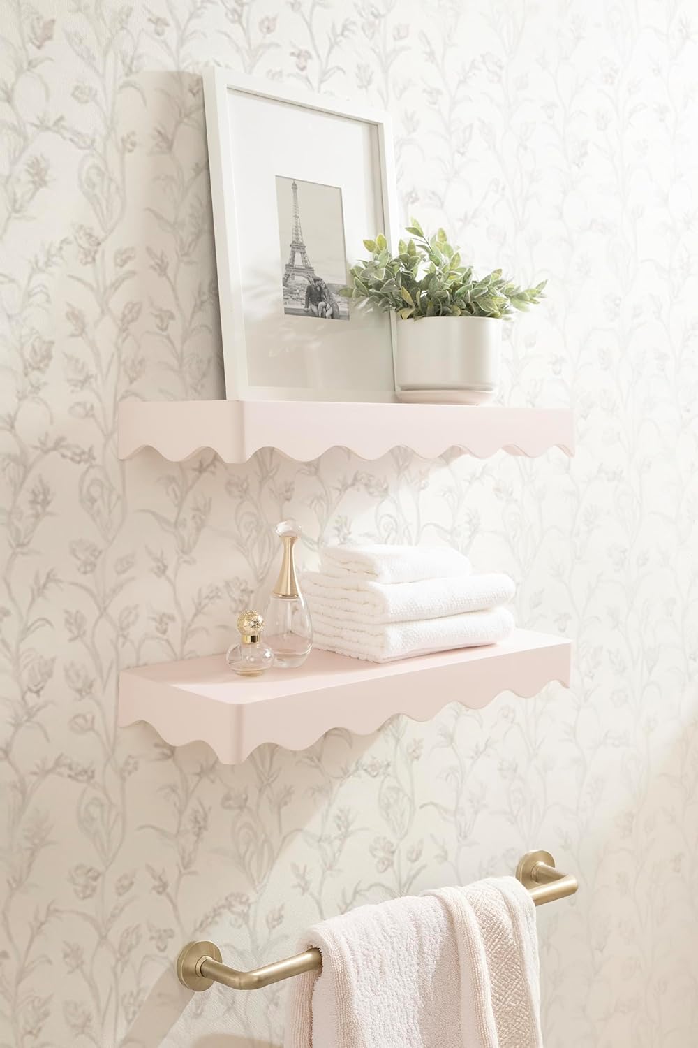 Kate and Laurel Maida Modern Decorative Wavy Wall Floating Shelves, Set of 2, 24 x 8, Pink, Functional Scalloped Kitchen and Bathroom Shelves for Above Toilet or Cute Nursery Bookshelves