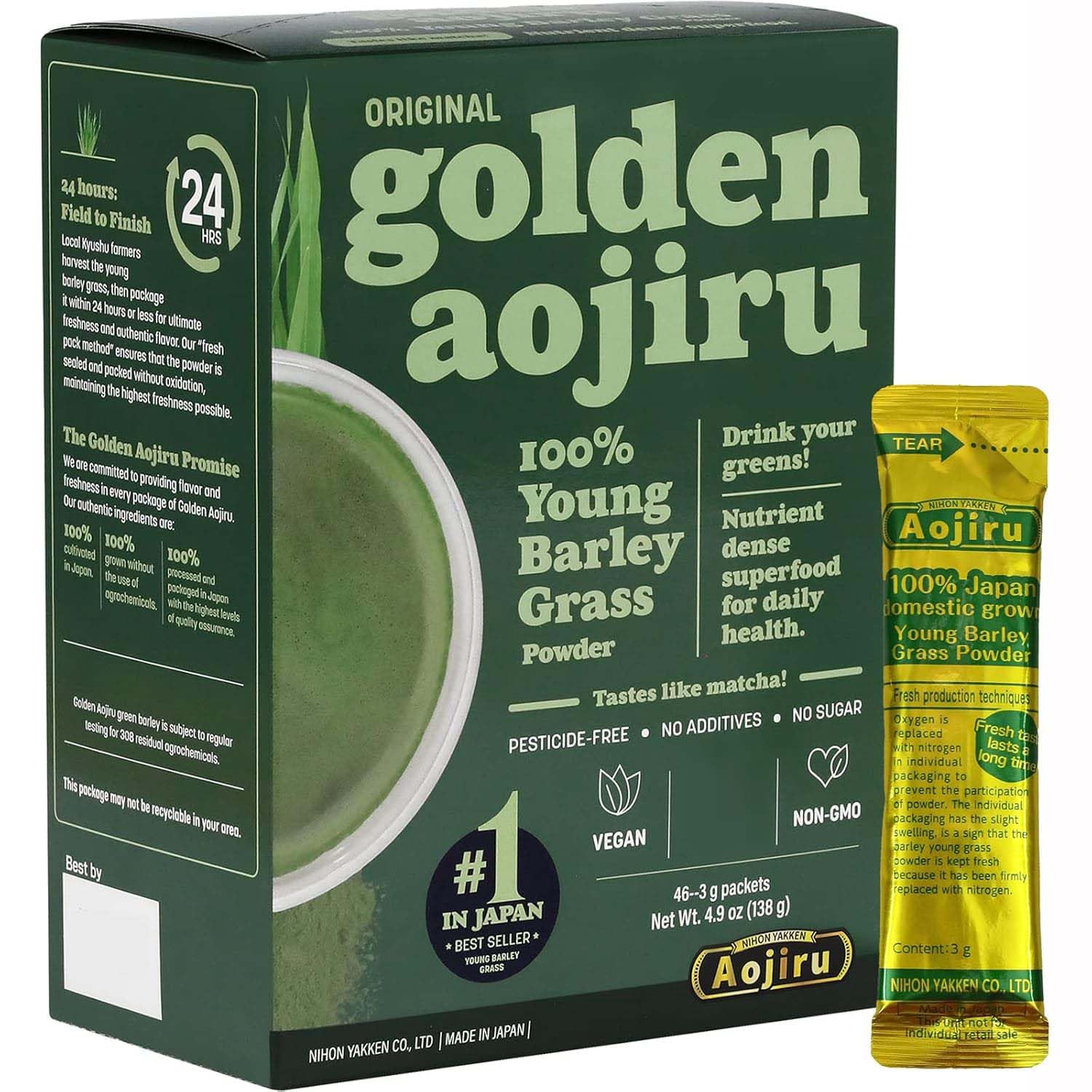 Sponsored Ad – Golden Aojiru Original - Young Barley Green Grass Juice Powder for Smoothies and Drinks, 100% Japanese Grown - Ready-to-Use 0.1 oz. (3g) Individual Packet × 46pcs - Vegan, Non-GMO, and Gluten Free