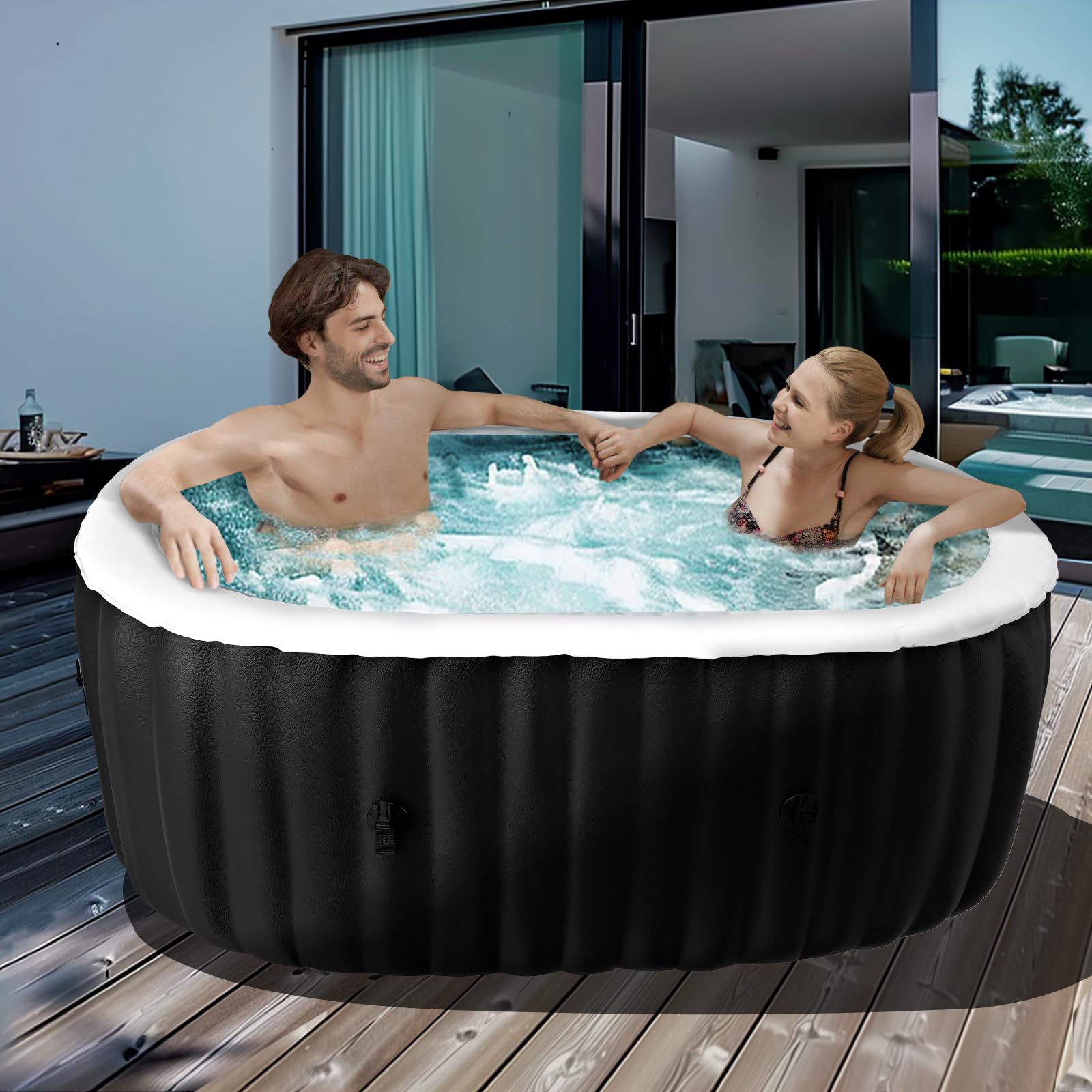 Aufblasbarer Whirlpool 2 Personen, Ovaler Outdoor Spa Pool 190 x 120 x 63 cm, Whirlpool Aufblasbar mit 100 Luftdüsen, 1800 W Heizung, Filter, Isolierabdeckung, Bodenmatte für Garten Terrasse