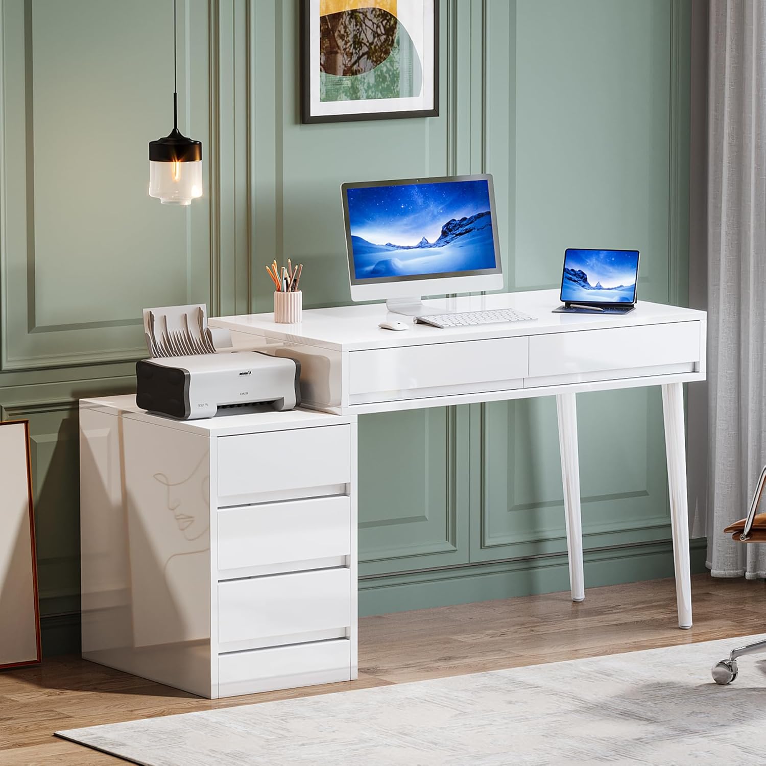 Tribesigns White Desk with 5 Drawers, Modern Home Office Desk with Storage Drawers and Printer Stand, Reversible Computer Desk Vanity Desk for Bedroom, Living Room, Sleek White