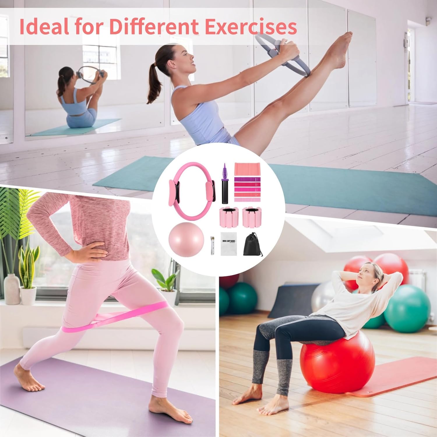 Pilates Ring Set for Home Workout, Total Pilates Equipment Kit, Includes Weights, Bands, Ball, and Tape Measure, Full Body Training for Yoga