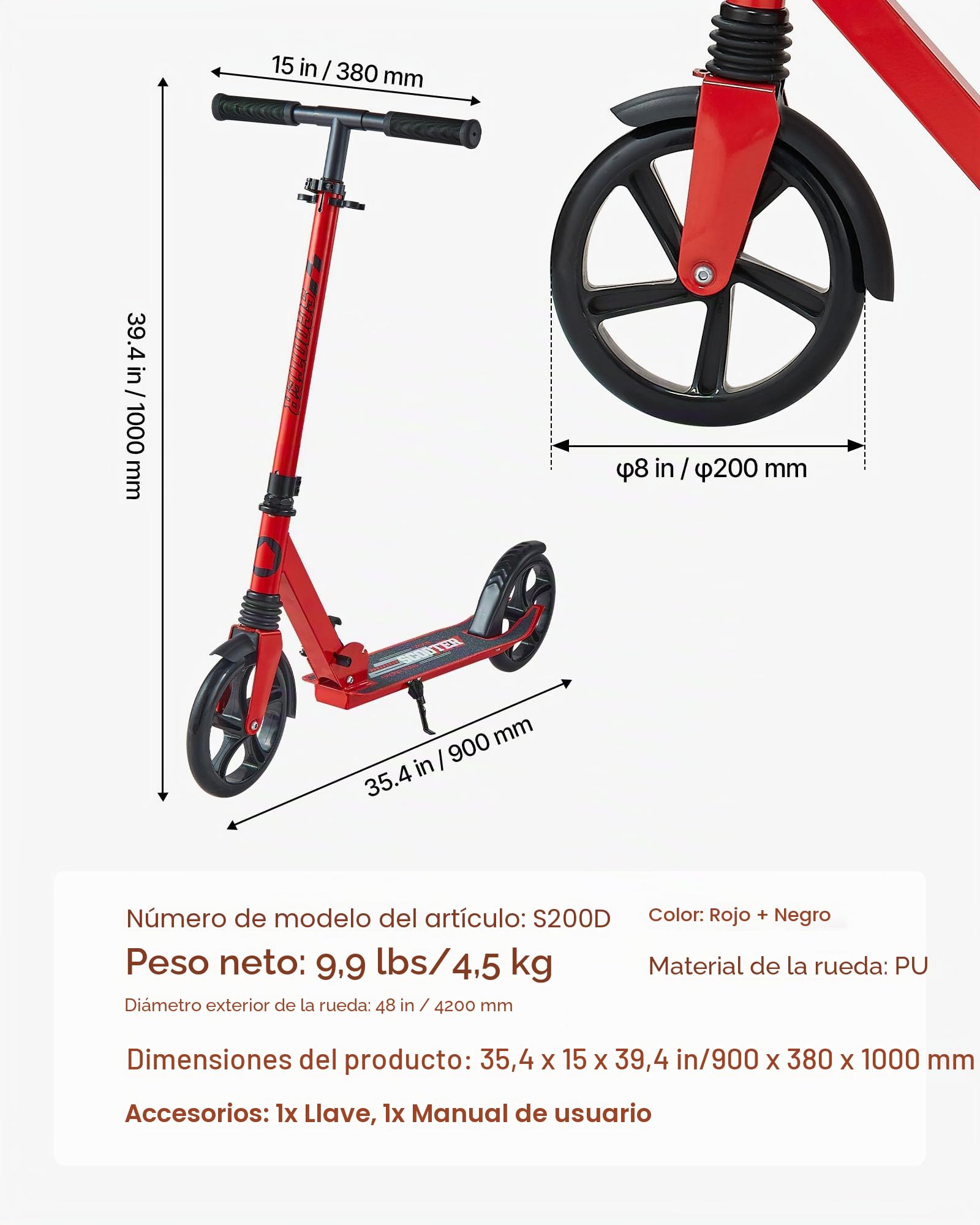 VEVOR Patinete 2 Ruedas, para Niños a Partir de 8 Años, con Manillar Regulable en Altura y Base Antideslizante, Patinete Plegable hasta 100 kg, Negro y Rojo, Armazón de Acero, 900 x 380 x 1000 mm