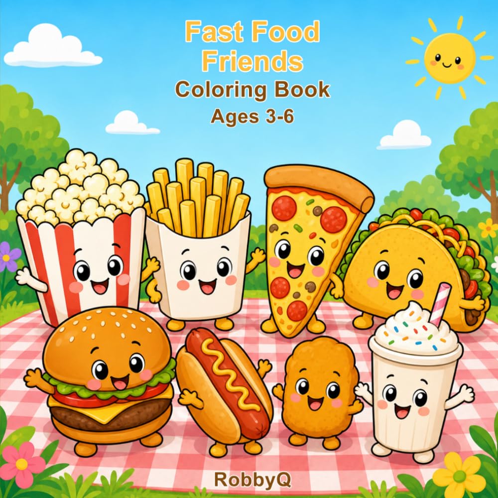 Fast Food Friends Coloring Book: Bold and Easy Kawaii Burger Pizza Taco and Snack Coloring Pages for Kids Ages 3-6 (RobbyQ Food Friends Coloring Books)