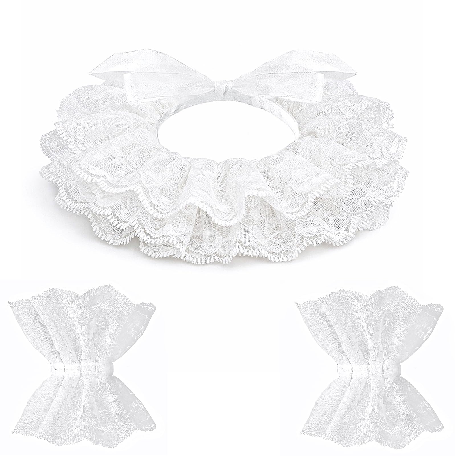 Tanganan Clown Collar, Renaissance Victorian Ruffle Collar and Wrist Cuffs Set Layered Clown Choker Neck Collars Cuff for Halloween Fancy Dress Cosplay Costume (white)