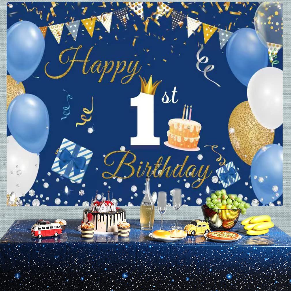 Happy 1st Birthday tło dekoracja baner dla chłopca / dziewczynki szczęśliwy 1 rok stary tkanina znak plakat, niebieskie tło fotograficzne artykuły na pierwsze urodziny, 150 x 90 cm
