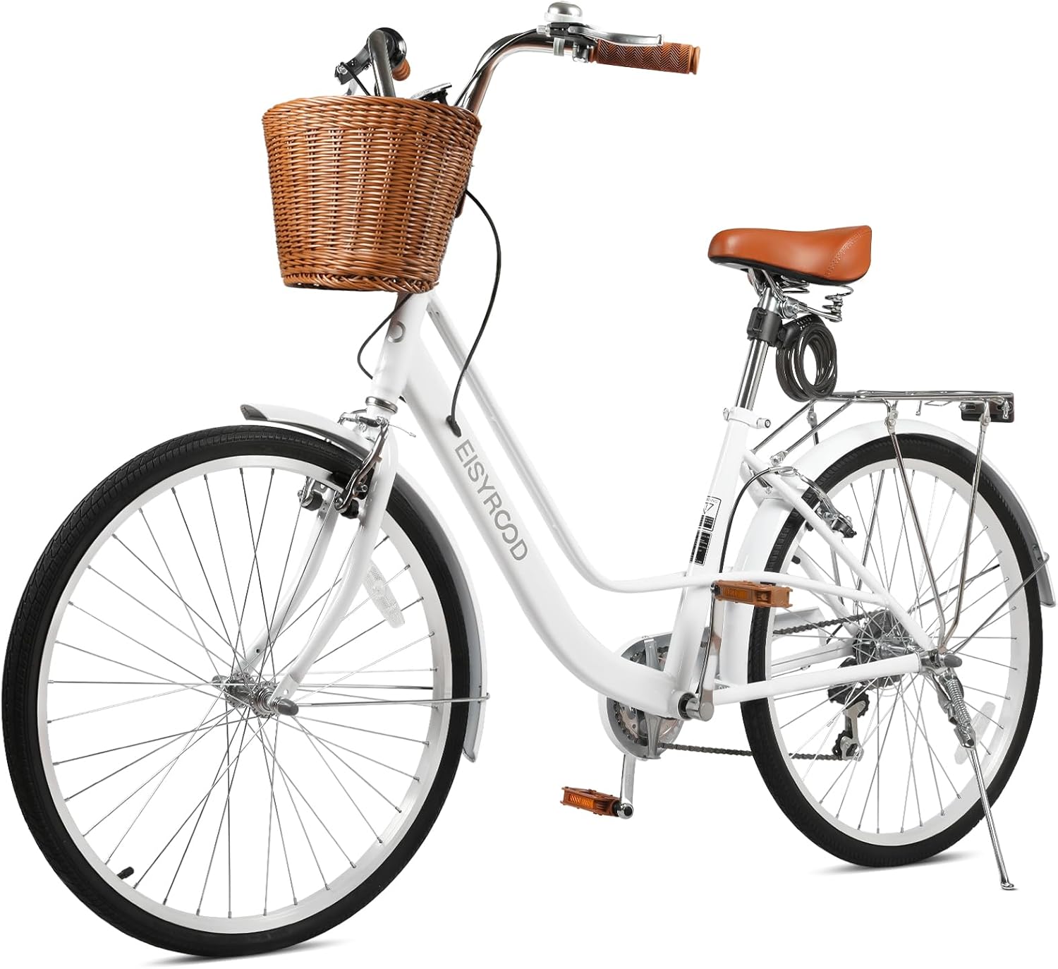 26" Beach Cruiser Bike for Women, 7-Speed Step Through City Bikes for Adults with Basket & Rack, City Bicycle for Commuting, Ladies Bike for Woman Adults Ladies (White)