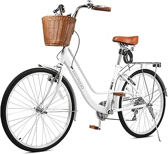 26 Inch Beach Cruiser Bike for Ladies, 7-Speed Women Bike for Adults with Basket & Rack, City Bicycle for Commuting, Step Through City Bikes for Woman Adults Ladies